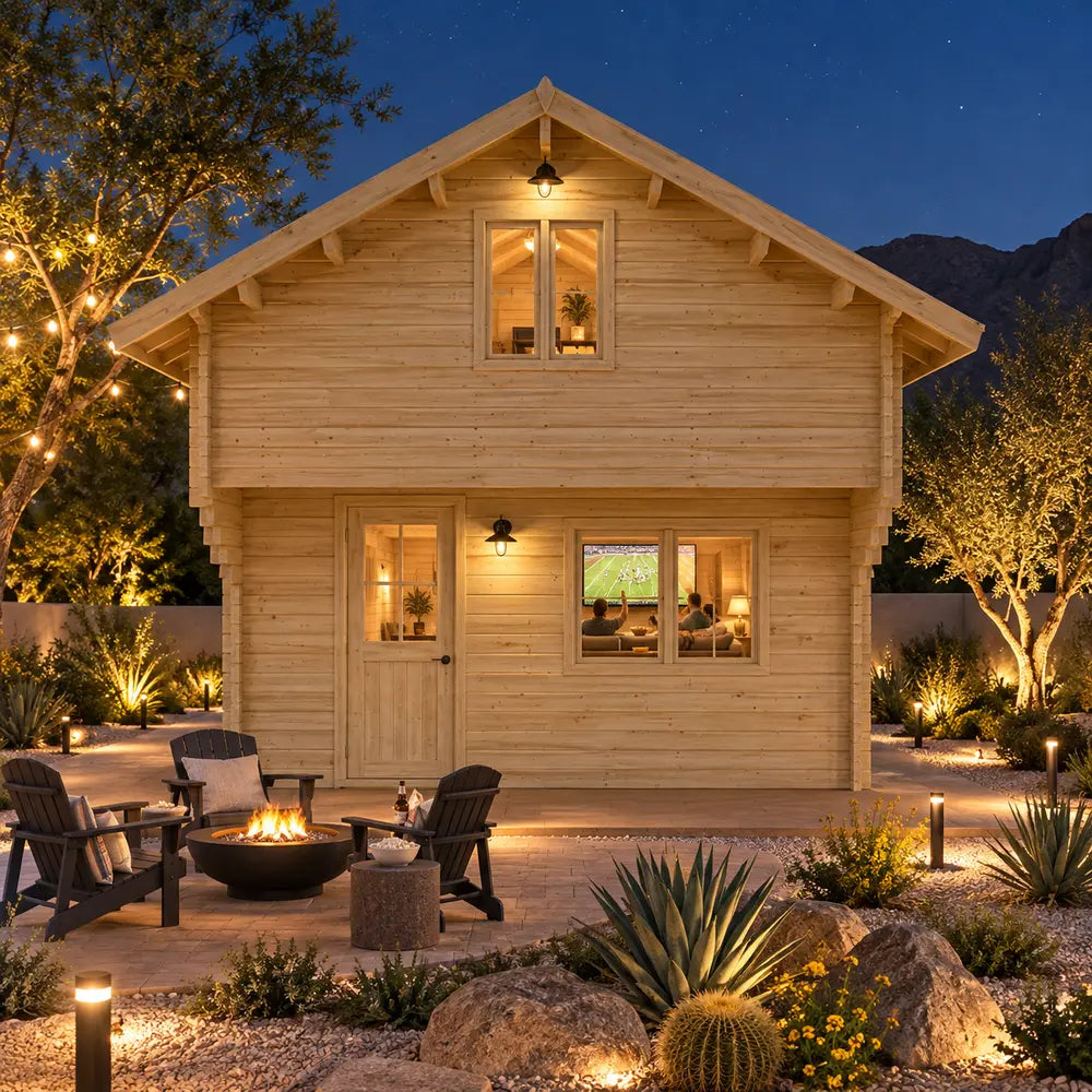 Centered front view of the illuminated Northwood Grand SD 70mm Freedom Loft Studio on a clear Nevada night. Family and friends watch sports inside while a fire feature, pathway lights, desert plants, boulders, and mountains frame the structure.

