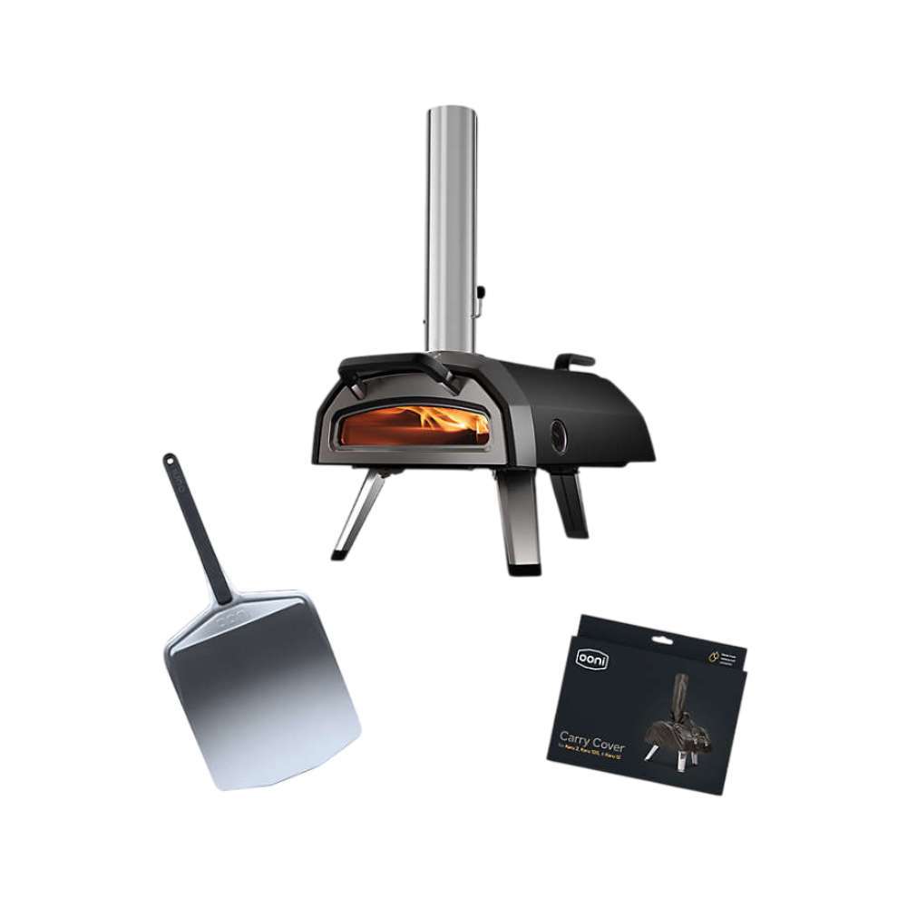 Ooni Karu 2 Essentials Bundle showing the black wood fired oven with fire inside, a stainless pizza peel and a navy ooni Carry Cover box.