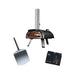 Ooni Karu 2 Essentials Bundle showing the black wood fired oven with fire inside, a stainless pizza peel and a navy ooni Carry Cover box.