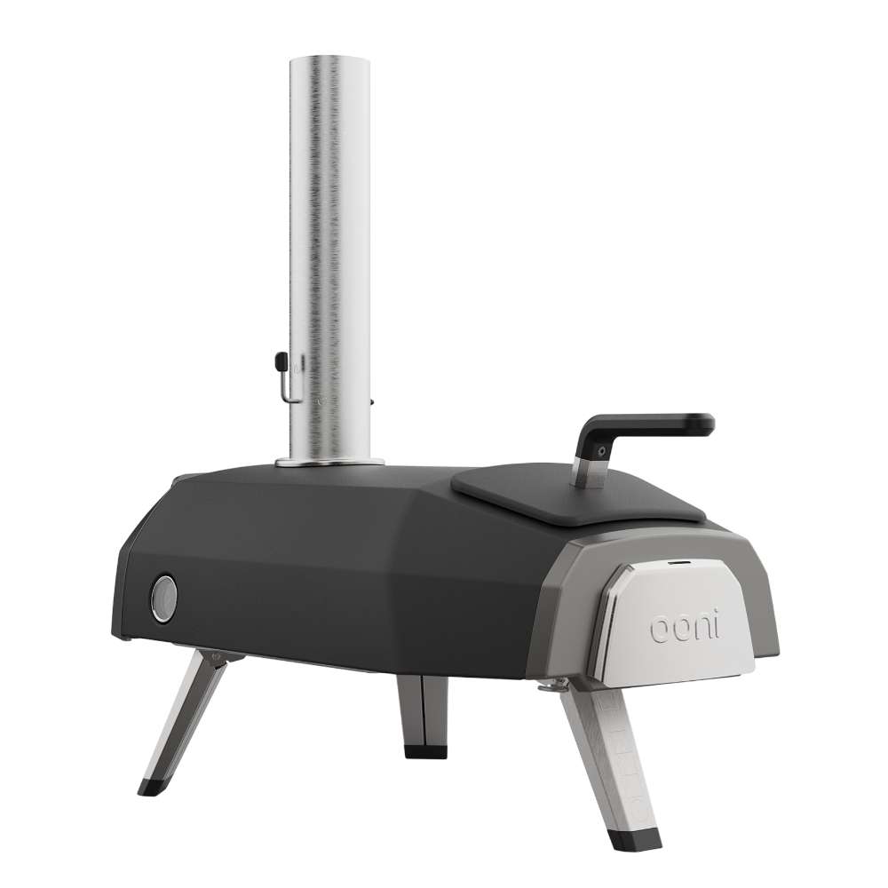 Ooni Karu 2 Pizza Oven angled front view with the stainless door closed and the ooni logo across it.