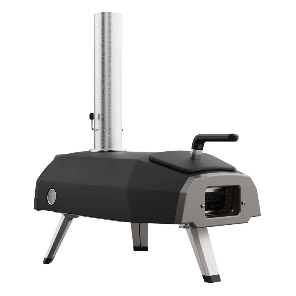 Ooni Karu 2 Pizza Oven angled rear view of the matte black shell with the top carry handle fuel hatch and vented back panel.