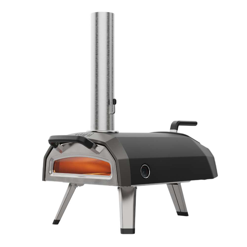 Ooni Karu 2 Pizza Oven angled view with an orange fire glowing behind the raised glass front door.