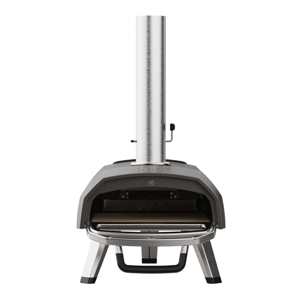Ooni Karu 2 Pizza Oven front view with the door open on the empty stone baking floor and the tall stainless chimney above.