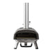 Ooni Karu 2 Pizza Oven front view with the door open on the empty stone baking floor and the tall stainless chimney above.