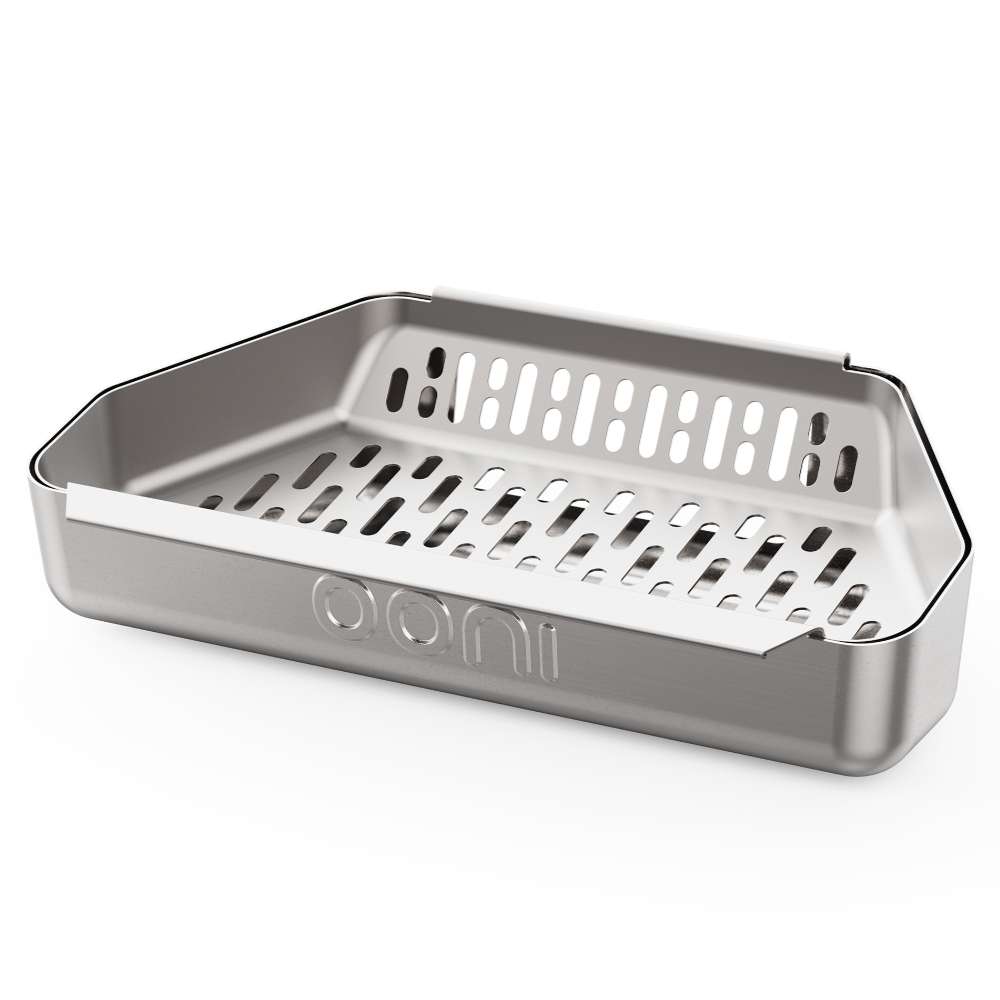 Ooni Karu 2 Pizza Oven stainless steel perforated fuel tray shown on its own with the ooni logo embossed on the front.