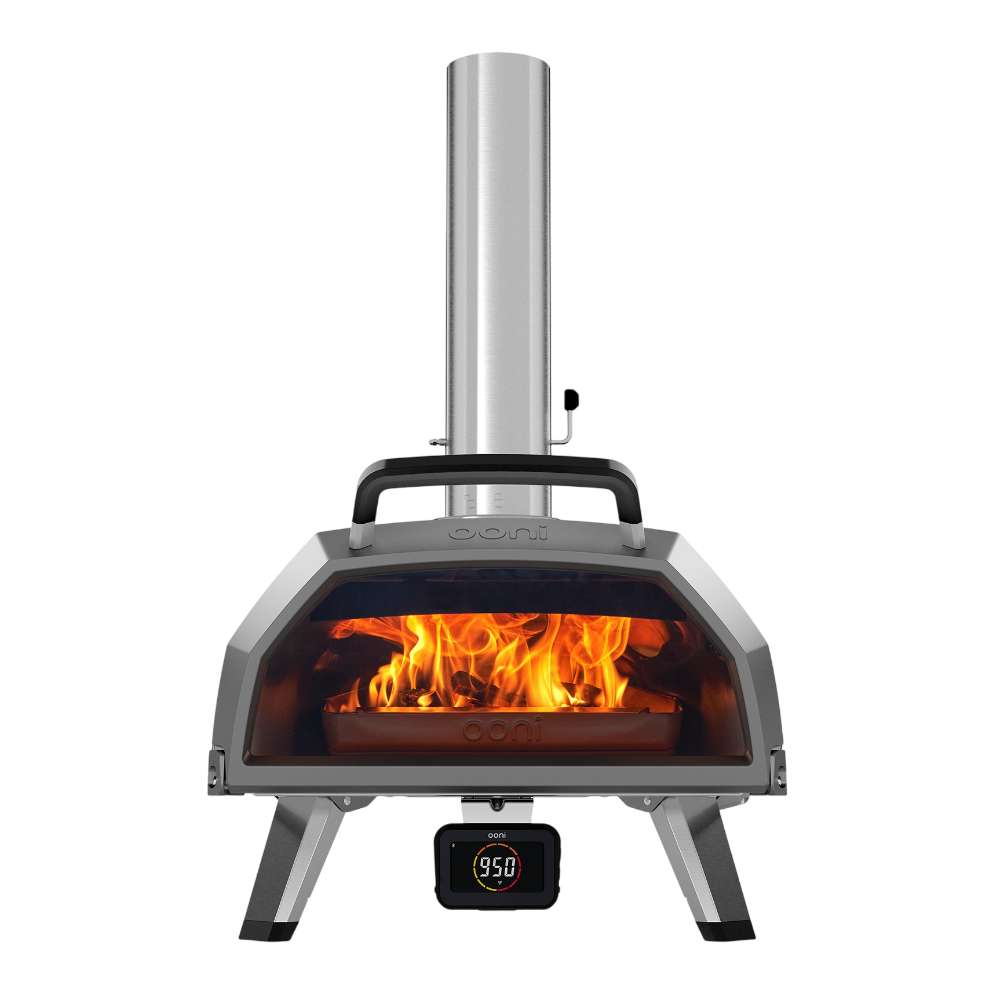 Ooni Karu 2 Pro Pizza Oven front view with a wood fire blazing behind the glass door and the digital display reading 950.