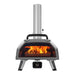 Ooni Karu 2 Pro Pizza Oven front view with a wood fire blazing behind the glass door and the digital display reading 950.