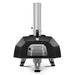 Ooni Karu 2 Pro Pizza Oven rear view of the black back panel with the stainless fuel hatch and the chimney above.