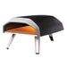 Ooni Koda 12 Outdoor Pizza Oven angled right view of the black shell with ooni on the top and the glowing orange interior.