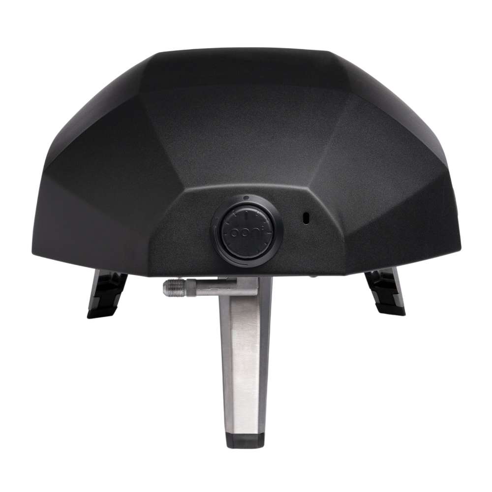 Ooni Koda 12 Outdoor Pizza Oven rear view of the faceted black back with the round gas connection and the ooni logo.