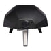 Ooni Koda 12 Outdoor Pizza Oven rear view of the faceted black back with the round gas connection and the ooni logo.