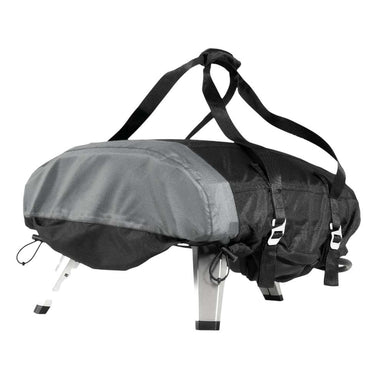 Ooni Koda 2 Carry Cover fitted over an oven seen from the front left with a grey front panel, black carry straps over the top and side buckles.