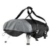 Ooni Koda 2 Carry Cover fitted over an oven seen from the front left with a grey front panel, black carry straps over the top and side buckles.