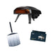 Ooni Koda 2 Essentials Bundle showing the black gas oven with a glowing interior, a perforated stainless pizza peel and a navy ooni Carry Cover for Koda 2 box.