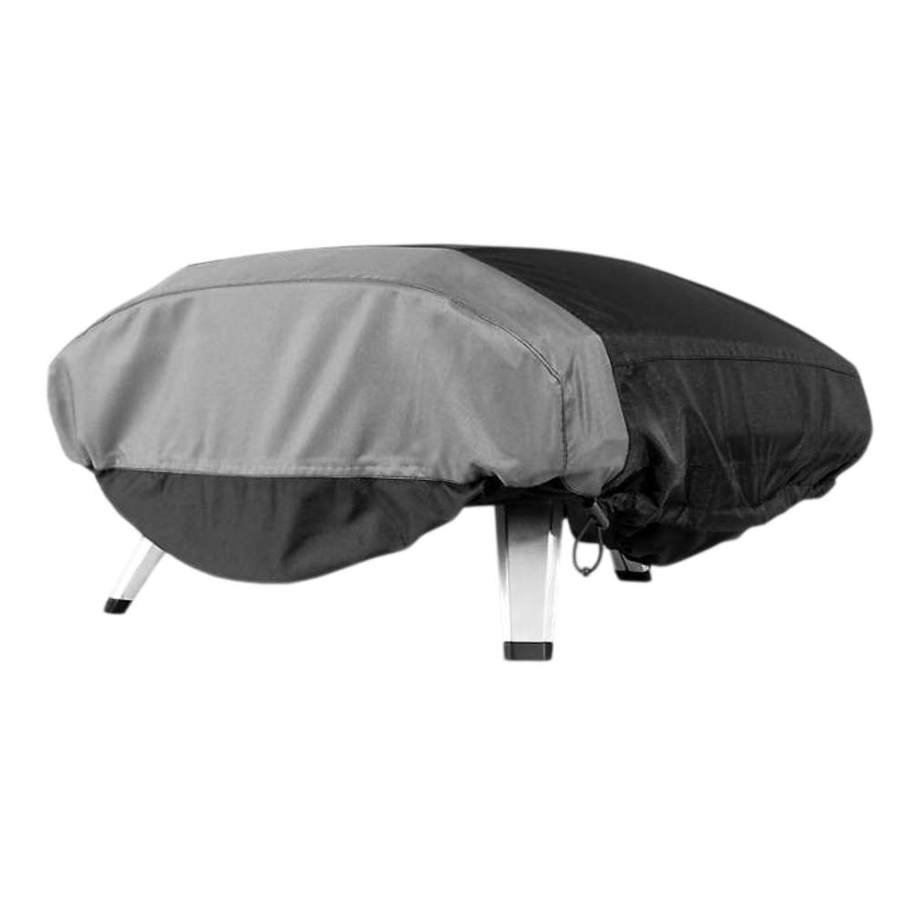 Ooni Koda 2 Pro Cover fitted over the oven on a white background with a gray front panel, black rear section, and the stainless steel folding legs left uncovered below.