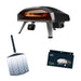 Ooni Koda 2 Pro Essentials Bundle with the black gas pizza oven showing flames and a display reading 950, a perforated stainless steel pizza peel, and a navy box printed Cover for Koda 2 Pro.