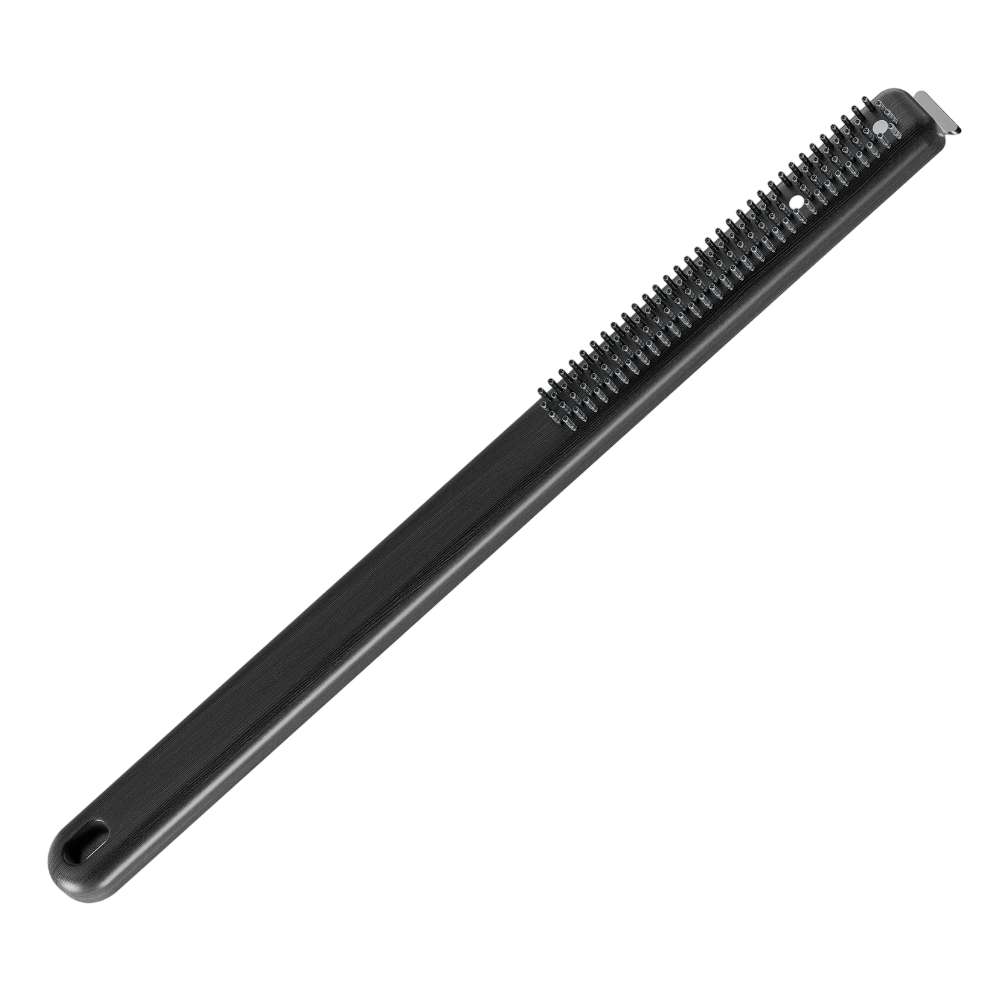 Ooni Pizza Oven Brush shown diagonally with wire bristles along the head and a long black handle.