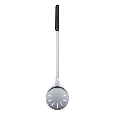 Ooni Pizza Turning Peel shown upright with its small round perforated stainless head and long black handle.