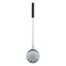 Ooni Pizza Turning Peel shown upright with its small round perforated stainless head and long black handle.