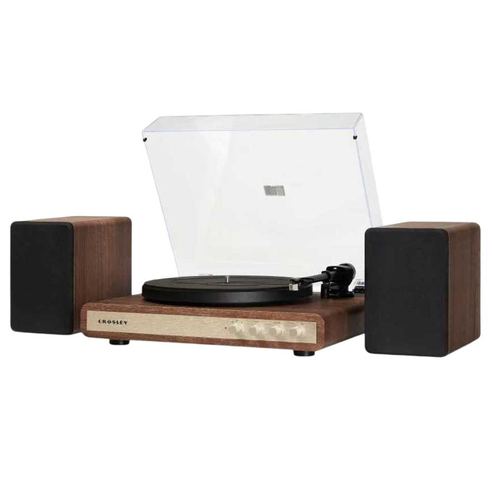 rosley C65 Shelf System - WalnutGold highlights its minimalist controls and matching wooden speakers with a side angle view