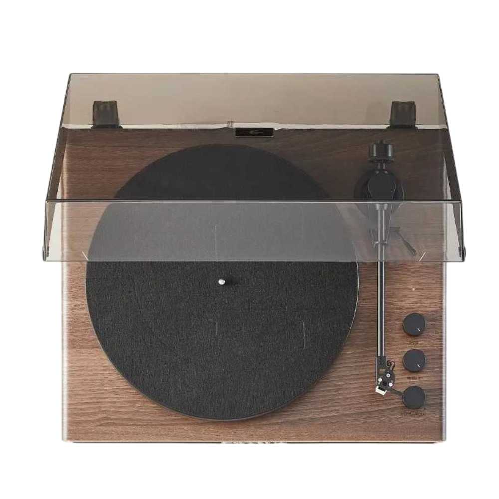 rosley Stave Record Player - WalnutGold is viewed from above, featuring a dust cover showcasing the turntable and control knobs