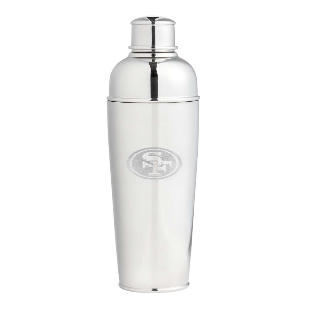 San Francisco 49ers Crate & Barrel Easton Stainless Steel Cocktail Shaker with polished stainless steel and team logo design