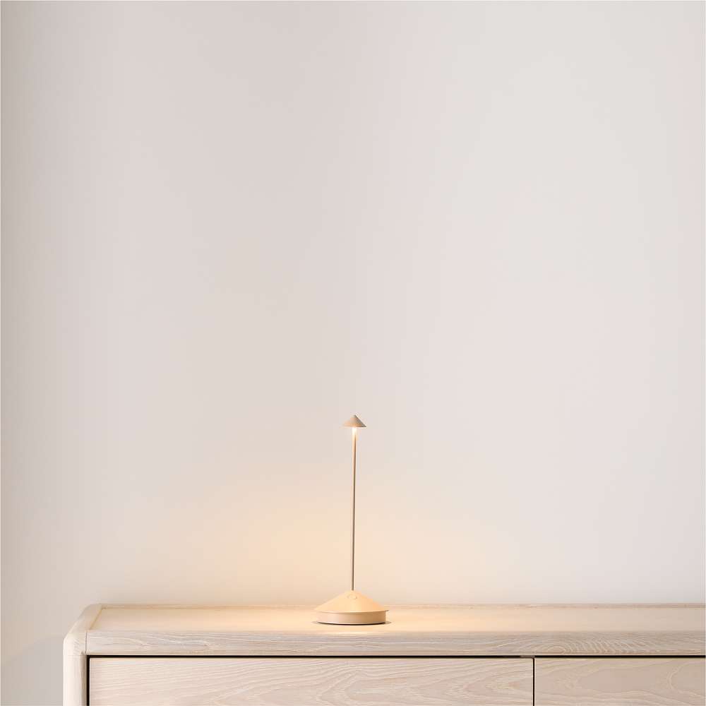 Sand Brown Crate & Barrel Pina Pro Metal Table Lamp by Zafferano America in a straight-on front view of the powdercoated aluminum body