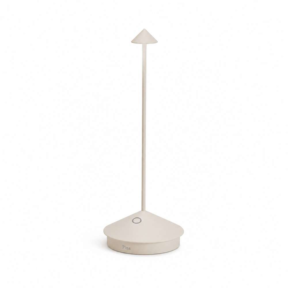 Sand Brown Crate & Barrel Pina Pro Metal Table Lamp by Zafferano America with a conical base, slender tube and mini taper shade