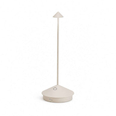 Sand Brown Crate & Barrel Pina Pro Metal Table Lamp by Zafferano America with a conical base, slender tube and mini taper shade