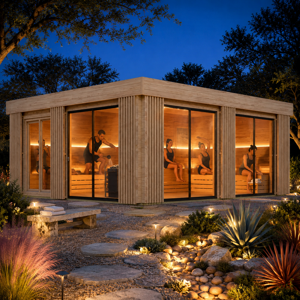 Illuminated Sauna Dolce 70 in a landscaped Texas Hill Country courtyard with five adults visibly enjoying the spacious cedar sauna.