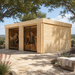 Sauna Dolce 70 in the sunny Texas Hill Country with three adults visibly relaxing, stretching, and pouring water over the sauna stones.