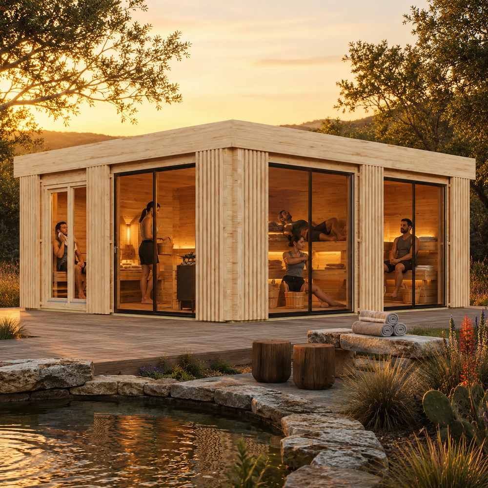Sauna Dolce 70 glowing at golden hour beside a spring-fed pond with five adults clearly visible through its multiple glass walls.