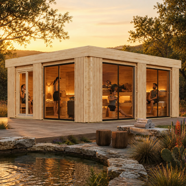 Sauna Dolce 70 glowing at golden hour beside a spring-fed pond with five adults clearly visible through its multiple glass walls.