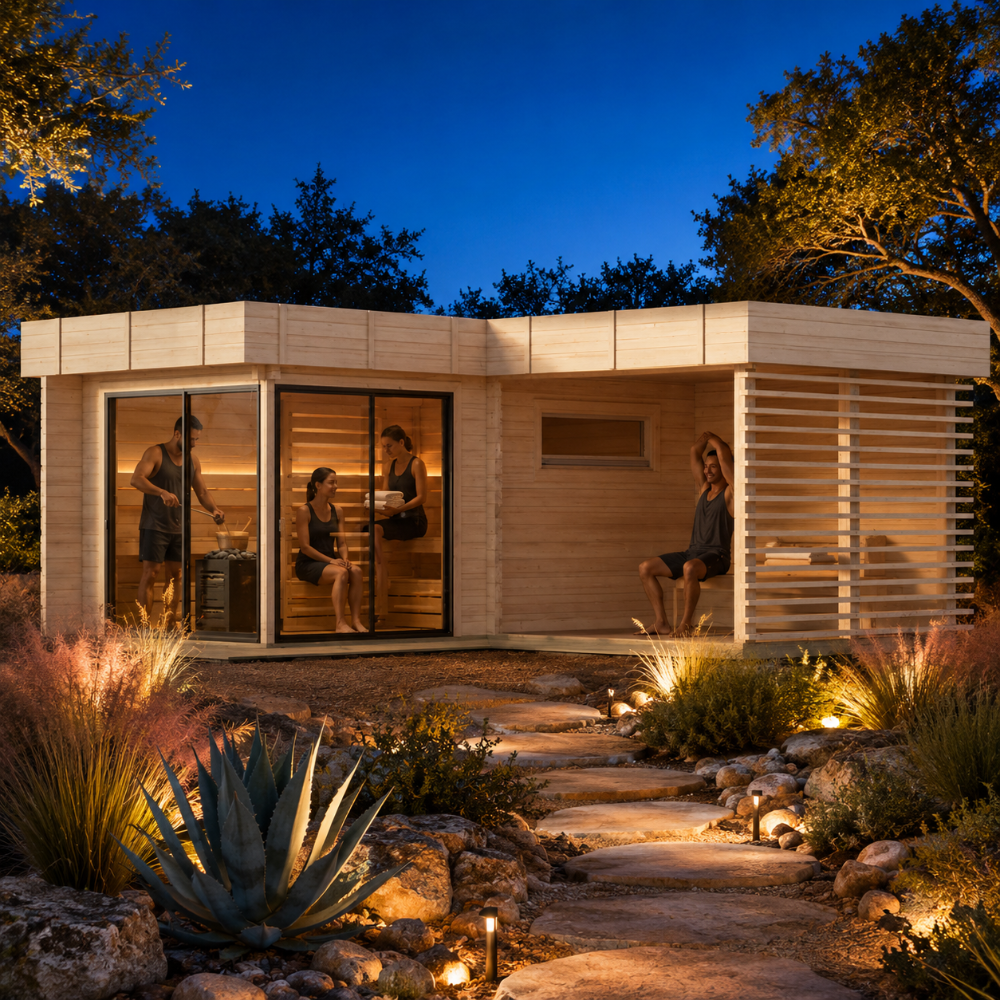 Illuminated Sauna Forte 70 in a landscaped Texas Hill Country courtyard, with four adults visibly using the sauna during a bright evening.