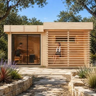 Sauna Forte 70 in the sunny Texas Hill Country with two adults visibly relaxing and pouring water over the sauna stones.