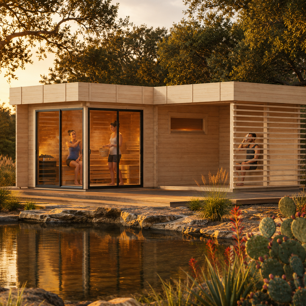 Sauna Forte 70 glowing at golden hour beside a spring-fed pond, with three adults visibly enjoying the cedar sauna.