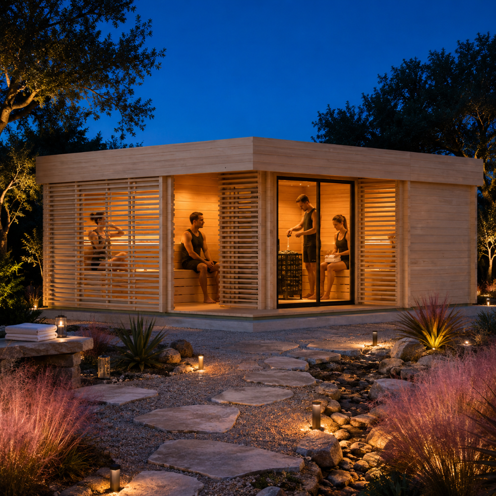 Illuminated Sauna Giocoso 70 in a landscaped Texas Hill Country courtyard with four adults visibly enjoying the cedar sauna.