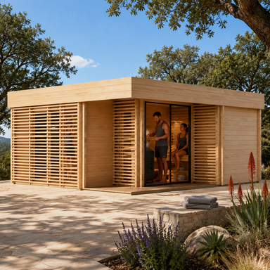 Sauna Giocoso 70 in the sunny Texas Hill Country with three adults visibly relaxing, stretching, and pouring water over the sauna stones.