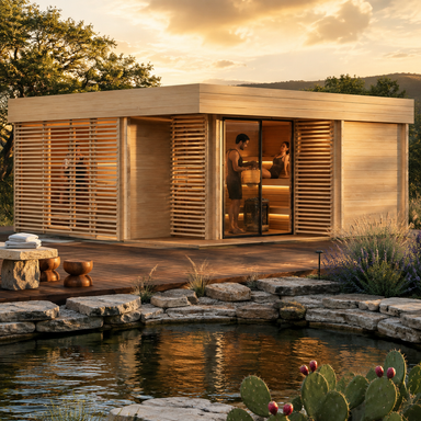 Sauna Giocoso 70 glowing at golden hour beside a spring-fed pond with three adults visible through the glass and horizontal louvers.