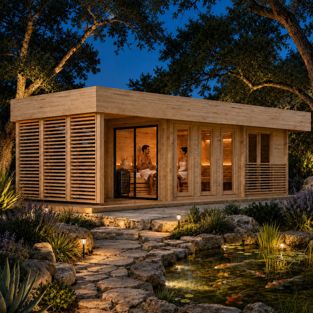 Illuminated wooden Sauna Largo 90 on a bright Texas evening with two adults relaxing inside beside a landscaped koi pond.