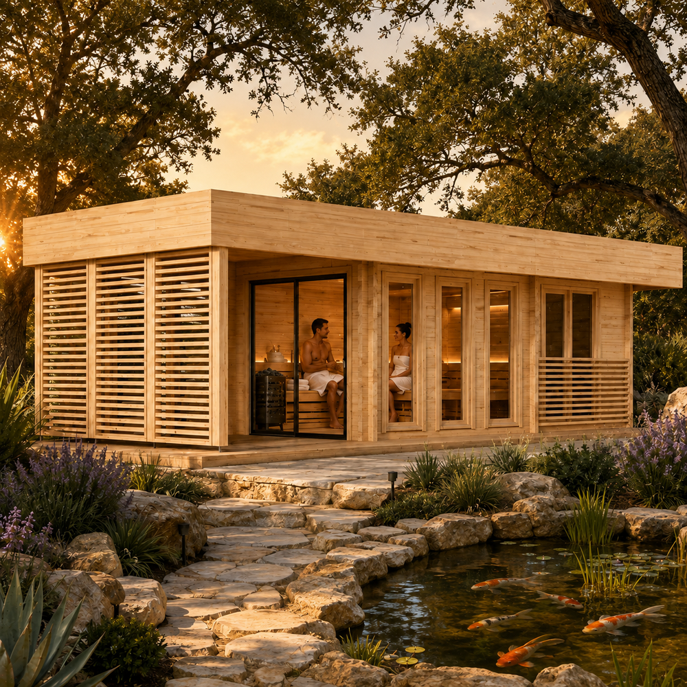 Wooden Texas Hill Country Sauna Largo 90 at golden hour with two adults inside and colorful koi swimming in a garden pond.