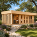 Wooden backyard Sauna Largo 90 in the sunny Texas Hill Country with two adults relaxing inside.