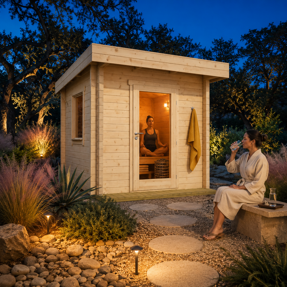 Illuminated Sauna Li 90 on a bright Texas evening with one person meditating inside and another cooling down outside.