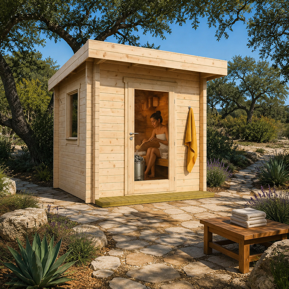 Sauna Li 90 outdoor sauna in the sunny Texas Hill Country with one person pouring water over the sauna stones.