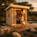 Sauna Li 90 at golden hour with one person relaxing inside while another approaches with a wooden sauna bucket.