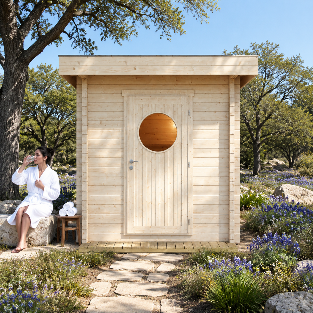 Front view of the Sauna Maria 90 in the sunny Texas Hill Country with a guest cooling down beside a wildflower garden.