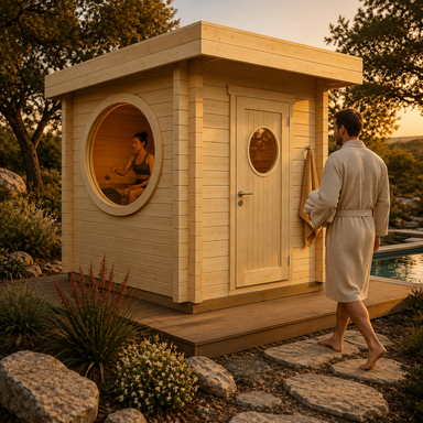Sauna Maria 90 at golden hour with one guest pouring water over sauna stones and another approaching with towels.