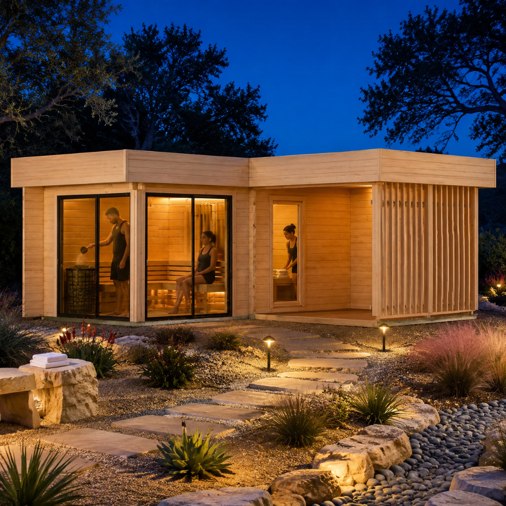 Illuminated Sauna Piano 70 in a landscaped Texas Hill Country courtyard with three adults visibly enjoying the cedar sauna.