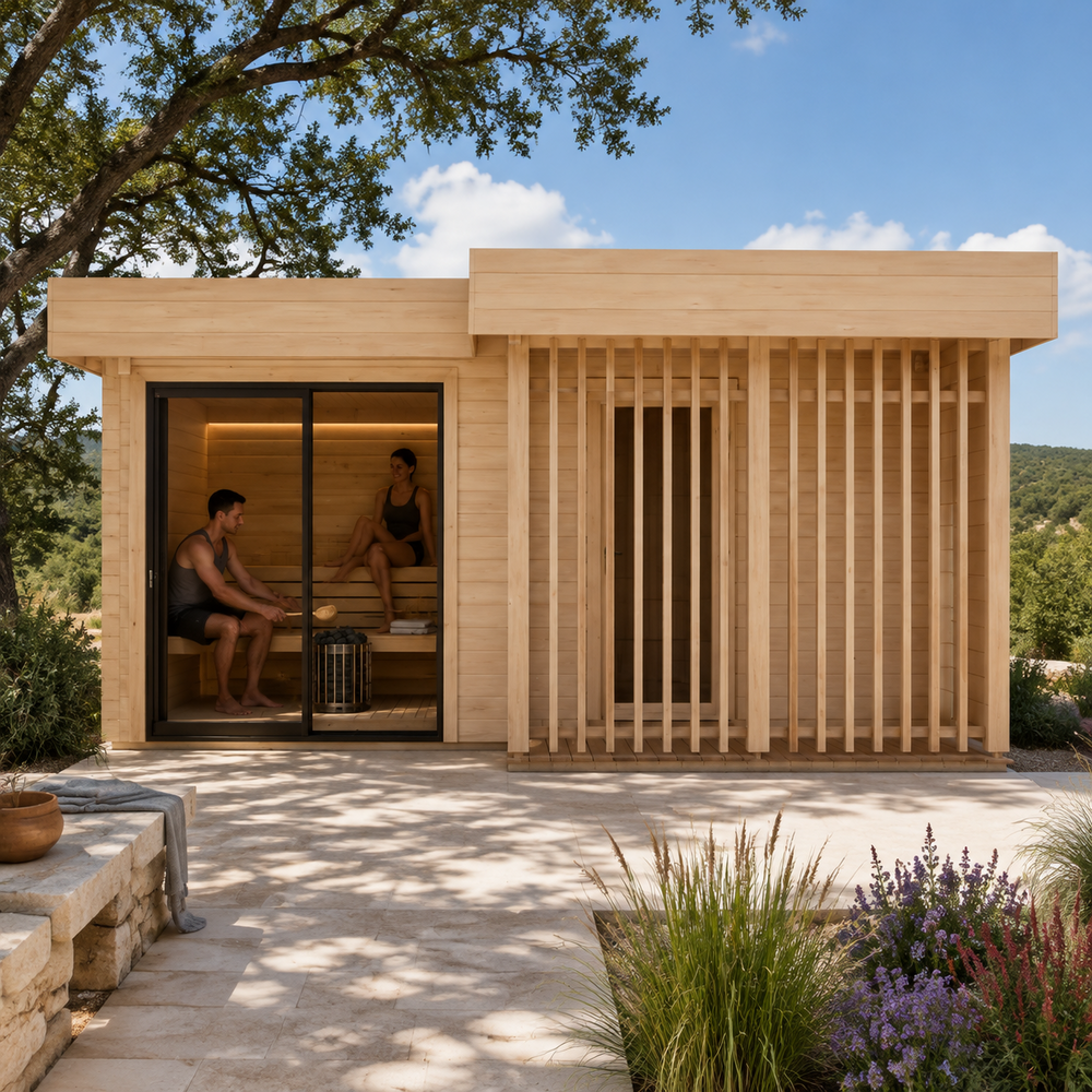 Sauna Piano 70 in the sunny Texas Hill Country with two adults visibly relaxing and pouring water over the sauna stones.