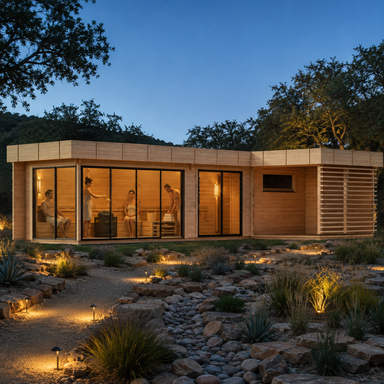 Illuminated Sauna Quieto 70 in a landscaped Texas Hill Country courtyard with four adults visibly enjoying the spacious cedar sauna.
